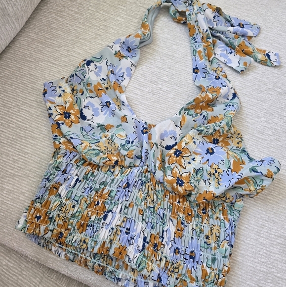 Halter Top Floral Design Baby Blue And Orange Size Small Summer Design - Picture 1 of 4